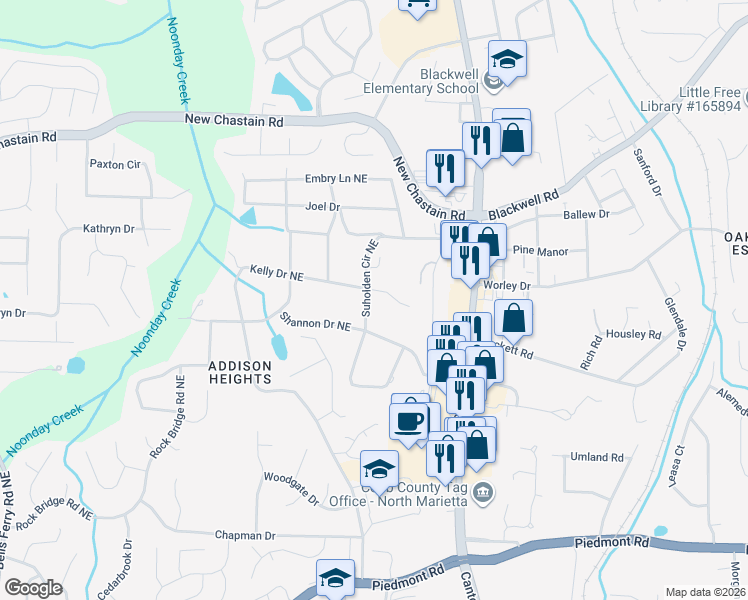 map of restaurants, bars, coffee shops, grocery stores, and more near 640 Suholden Circle Northeast in Marietta