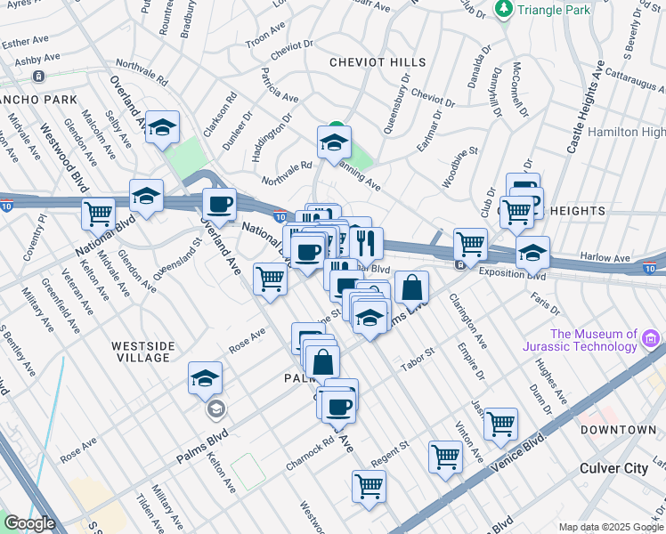 map of restaurants, bars, coffee shops, grocery stores, and more near 3328 Motor Avenue in Los Angeles