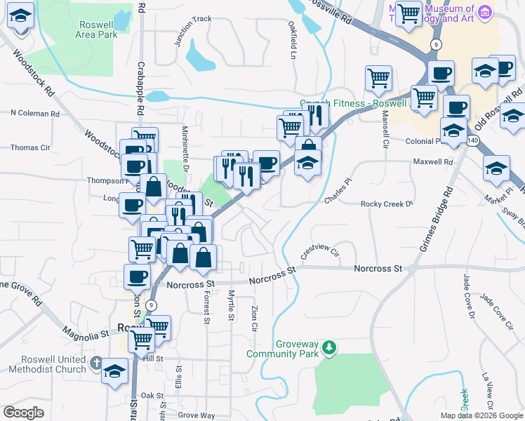 map of restaurants, bars, coffee shops, grocery stores, and more near 210 Opal Drive in Roswell