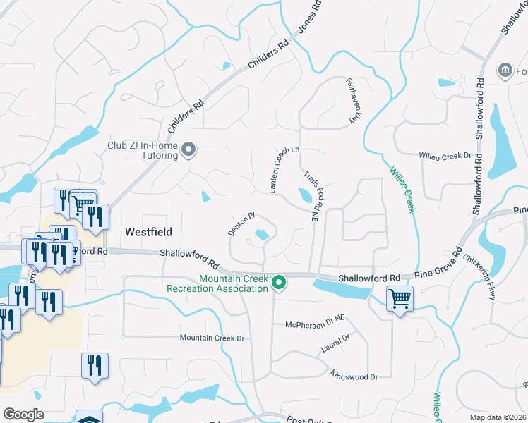 map of restaurants, bars, coffee shops, grocery stores, and more near 3128 Denton Place in Roswell