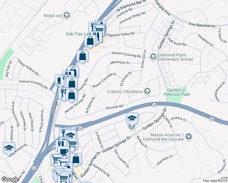 map of restaurants, bars, coffee shops, grocery stores, and more near 23837 Twin Pines Lane in Diamond Bar
