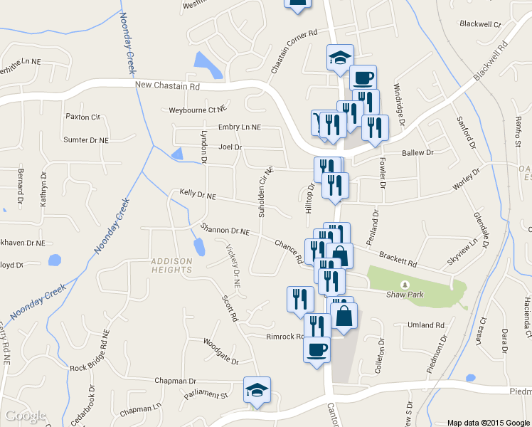map of restaurants, bars, coffee shops, grocery stores, and more near 640 Suholden Circle Northeast in Marietta