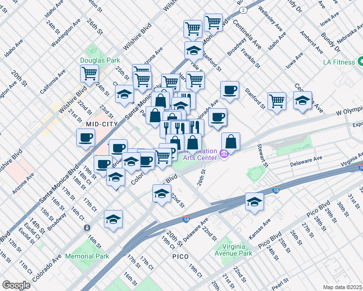 map of restaurants, bars, coffee shops, grocery stores, and more near in Santa Monica