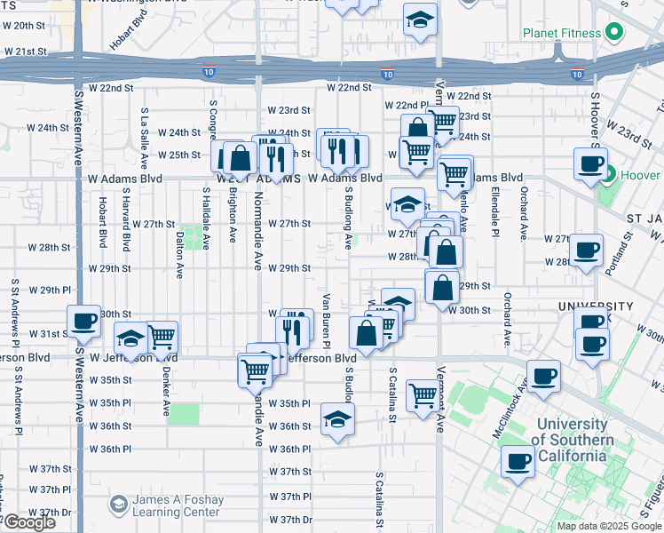 map of restaurants, bars, coffee shops, grocery stores, and more near 1575 1/2 West 29th Street in Los Angeles