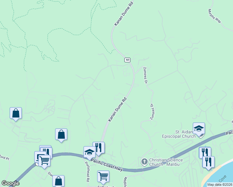 map of restaurants, bars, coffee shops, grocery stores, and more near 5931 Kanan Dume Road in Malibu