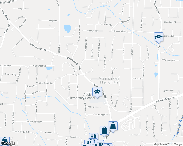 map of restaurants, bars, coffee shops, grocery stores, and more near 3230 Mary Drive in Marietta