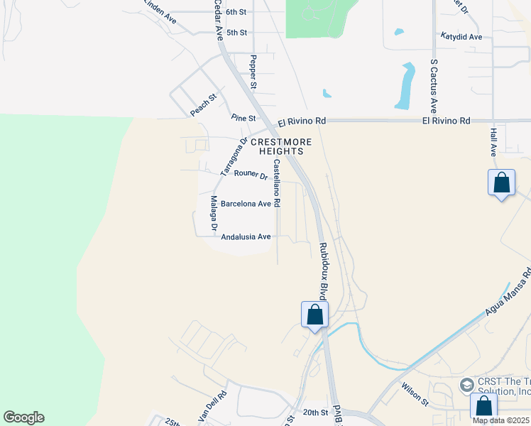 map of restaurants, bars, coffee shops, grocery stores, and more near 1379 Castellano Road in Riverside