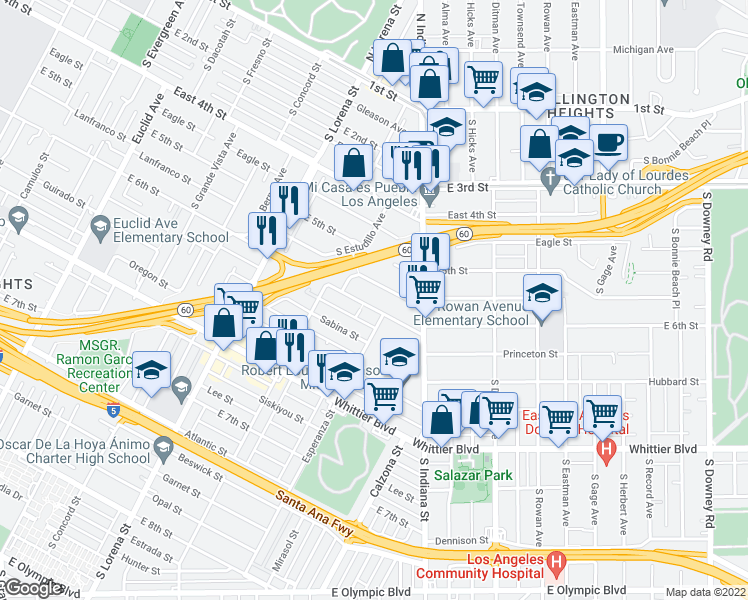 map of restaurants, bars, coffee shops, grocery stores, and more near 3561 East 6th Street in Los Angeles
