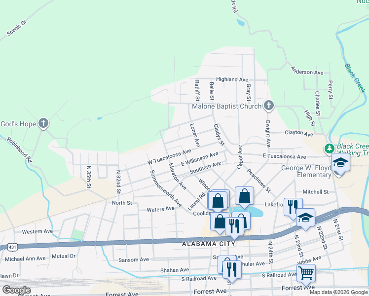 map of restaurants, bars, coffee shops, grocery stores, and more near 30 West Tuscaloosa Avenue in Gadsden