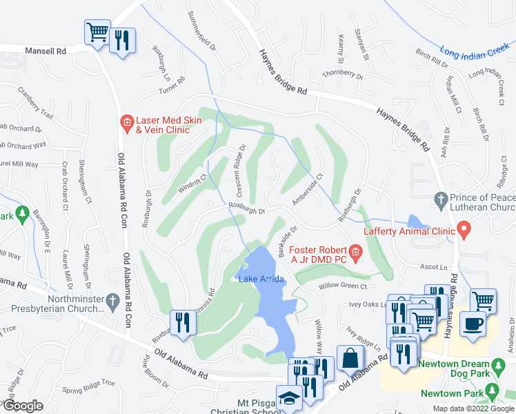 map of restaurants, bars, coffee shops, grocery stores, and more near 4020 Roxburgh Drive in Roswell
