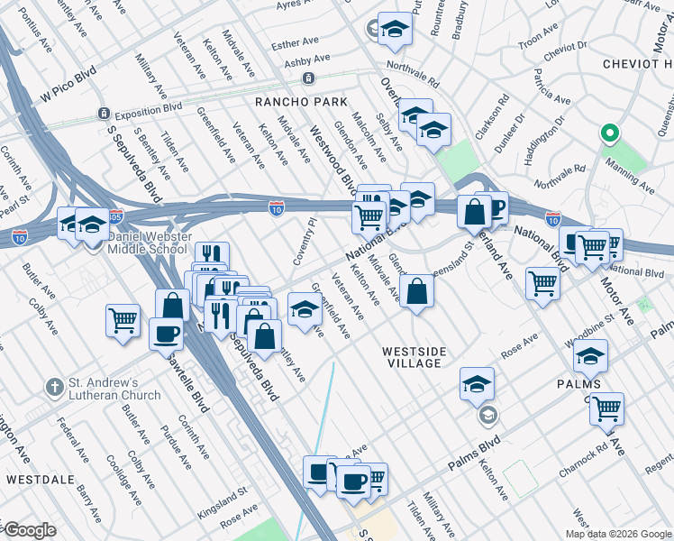 map of restaurants, bars, coffee shops, grocery stores, and more near 10930 National Boulevard in Los Angeles
