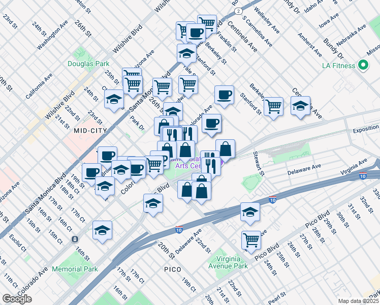 map of restaurants, bars, coffee shops, grocery stores, and more near 1681 26th Street in Santa Monica
