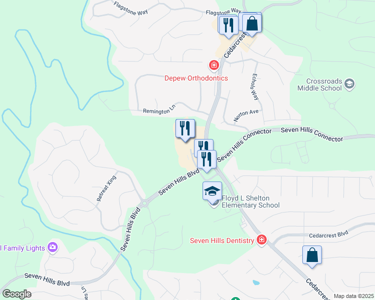 map of restaurants, bars, coffee shops, grocery stores, and more near 80 Seven Hills Boulevard in Dallas
