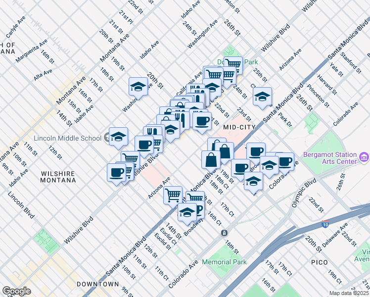map of restaurants, bars, coffee shops, grocery stores, and more near 1253 18th Street in Santa Monica