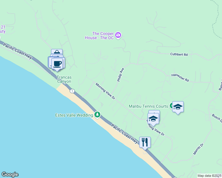 map of restaurants, bars, coffee shops, grocery stores, and more near 6051 Philip Avenue in Malibu
