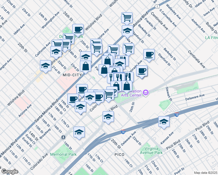 map of restaurants, bars, coffee shops, grocery stores, and more near 2401 Colorado Avenue in Santa Monica