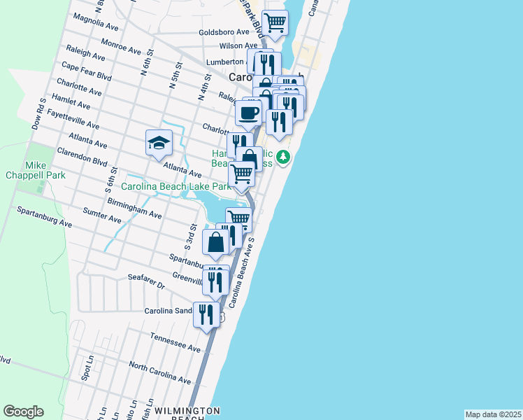 map of restaurants, bars, coffee shops, grocery stores, and more near 409 Carolina Beach Avenue South in Carolina Beach