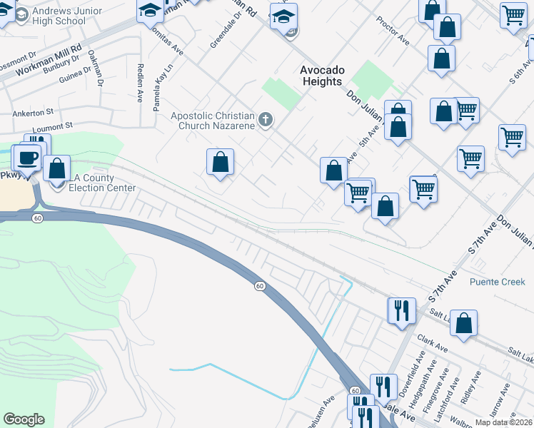 map of restaurants, bars, coffee shops, grocery stores, and more near 14044 Trailside Drive in La Puente