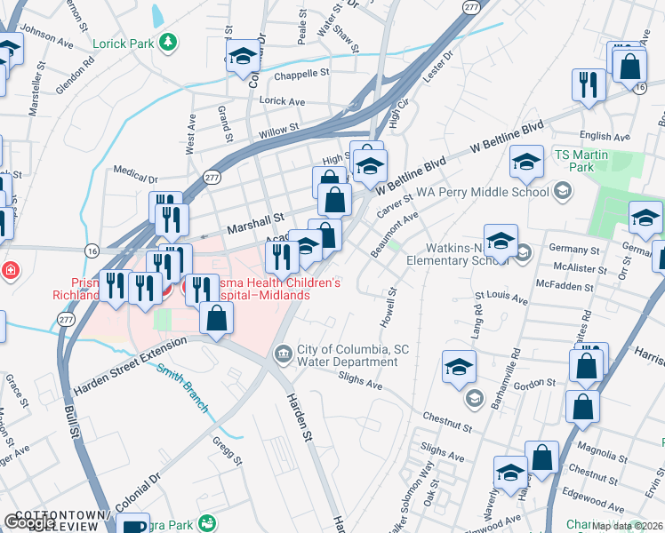 map of restaurants, bars, coffee shops, grocery stores, and more near 3032 Kent Street in Columbia