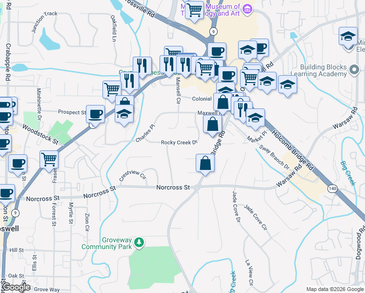 map of restaurants, bars, coffee shops, grocery stores, and more near 525 Rocky Creek Drive in Roswell