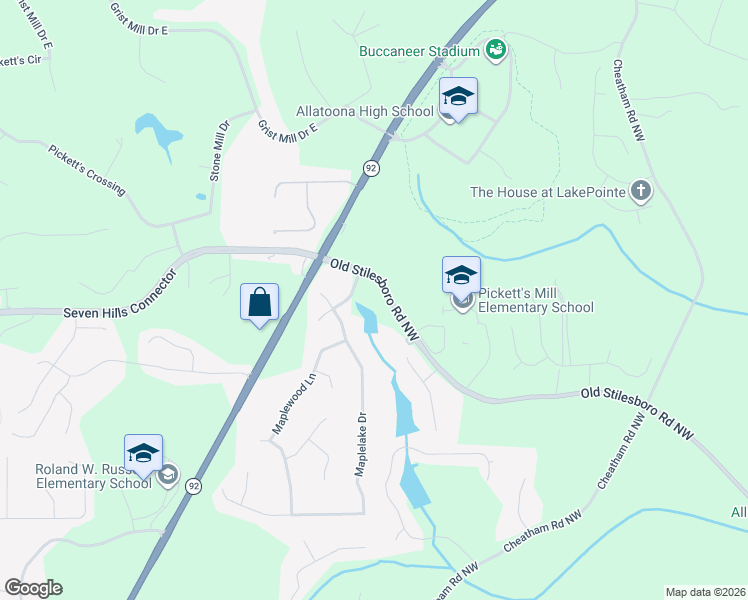map of restaurants, bars, coffee shops, grocery stores, and more near 118 Old Stilesboro Road Northwest in Acworth