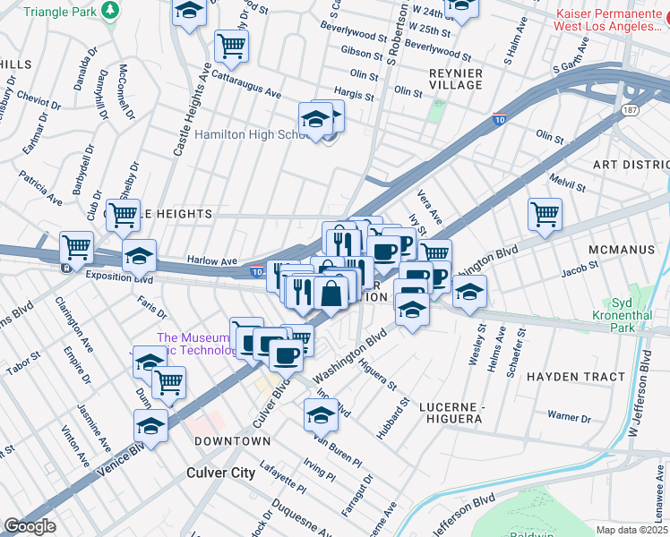 map of restaurants, bars, coffee shops, grocery stores, and more near 3383 Robertson Place in Los Angeles
