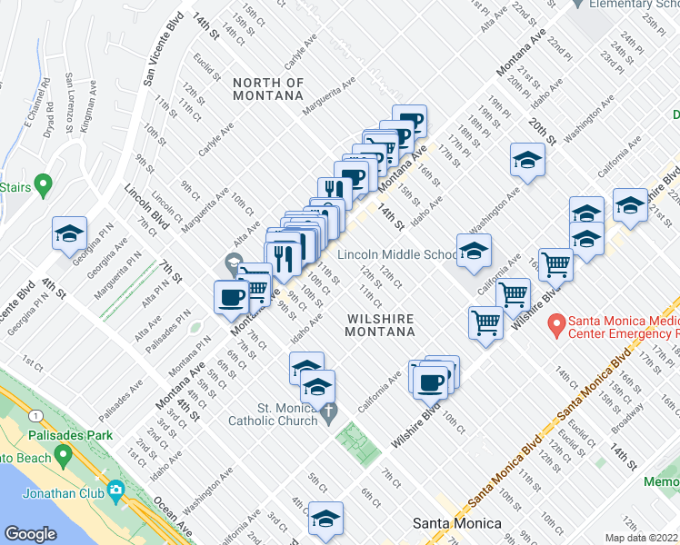 map of restaurants, bars, coffee shops, grocery stores, and more near 842 11th Street in Santa Monica