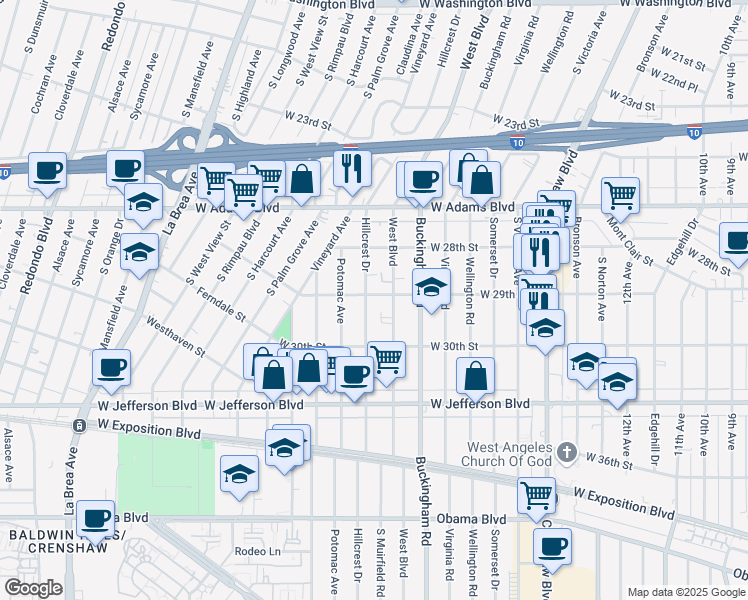 map of restaurants, bars, coffee shops, grocery stores, and more near 2912 Hillcrest Drive in Los Angeles