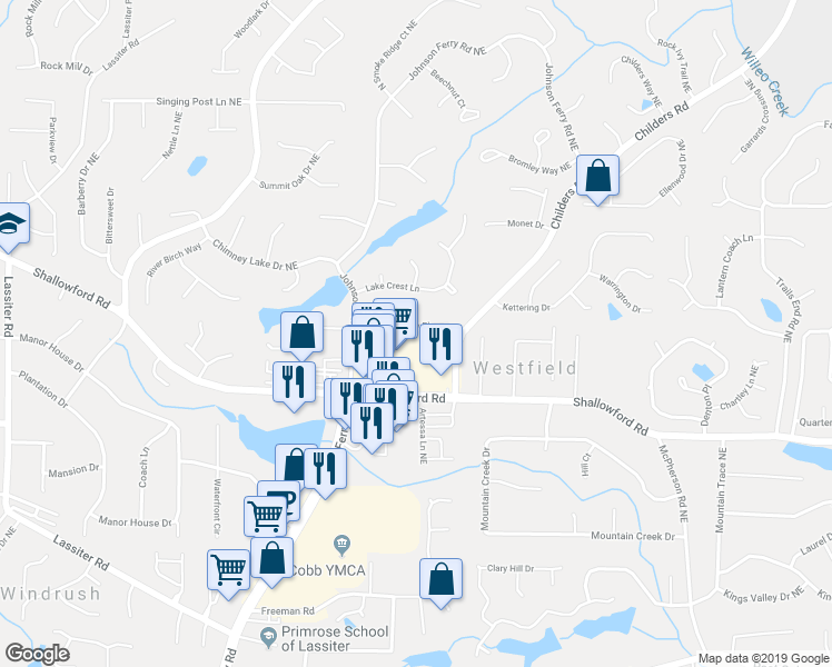 map of restaurants, bars, coffee shops, grocery stores, and more near 4414 Lake Chimney Place in Roswell