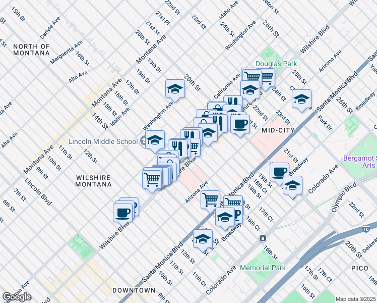 map of restaurants, bars, coffee shops, grocery stores, and more near 1144 17th Street in Santa Monica