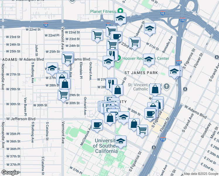 map of restaurants, bars, coffee shops, grocery stores, and more near 1124 West 28th Street in Los Angeles