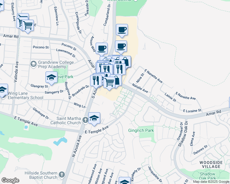 map of restaurants, bars, coffee shops, grocery stores, and more near 2520 South Azusa Avenue in West Covina