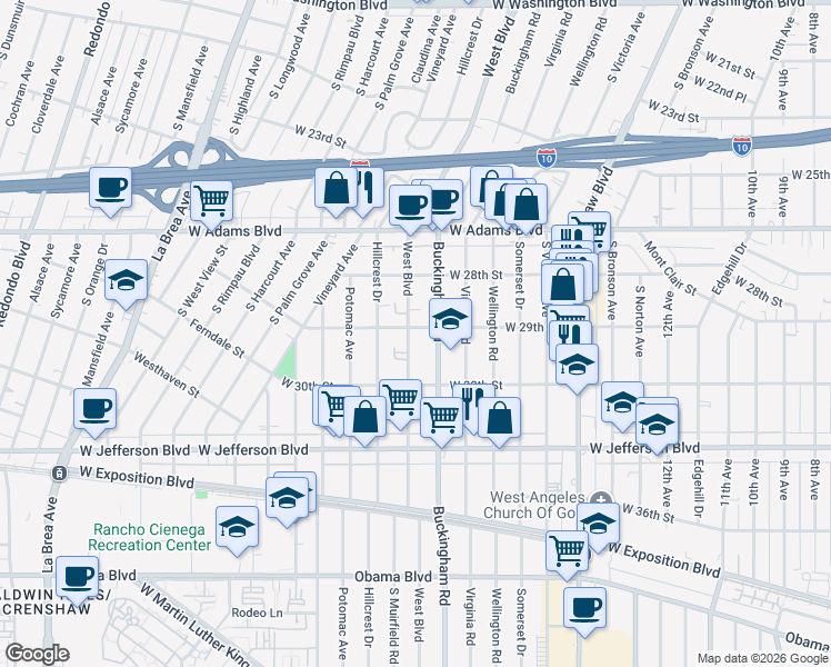 map of restaurants, bars, coffee shops, grocery stores, and more near 2902 West Boulevard in Los Angeles