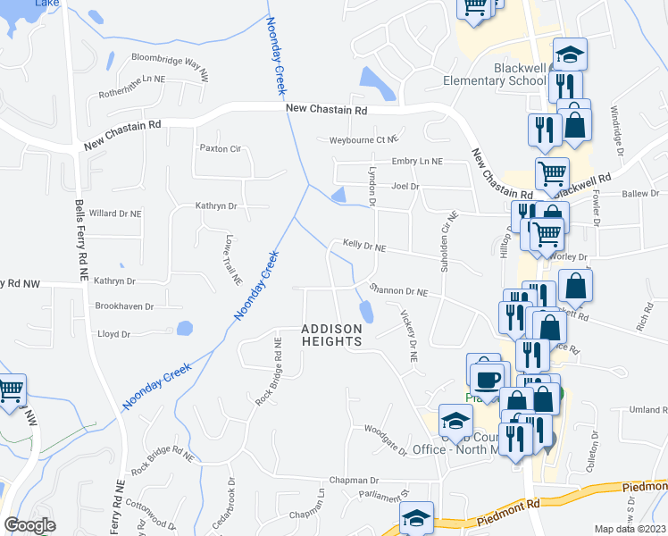 map of restaurants, bars, coffee shops, grocery stores, and more near 444 Kelly Drive Northeast in Marietta