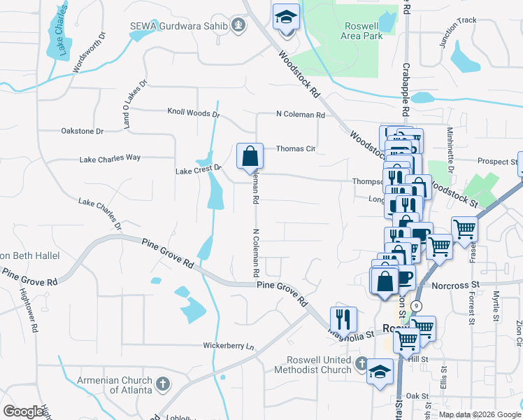 map of restaurants, bars, coffee shops, grocery stores, and more near 1115 North Coleman Road in Roswell