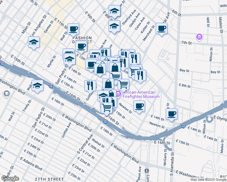 map of restaurants, bars, coffee shops, grocery stores, and more near 1131 East 14th Street in Los Angeles