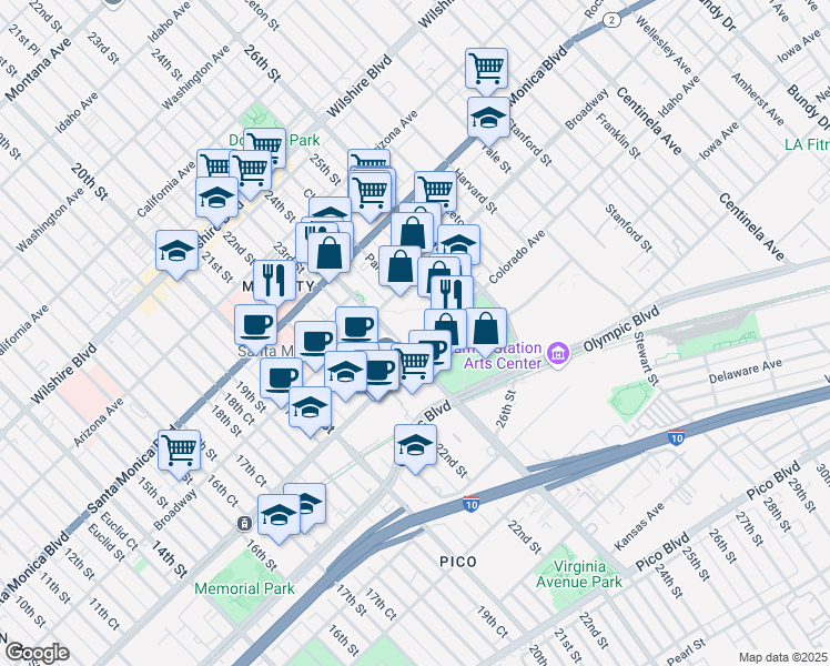 map of restaurants, bars, coffee shops, grocery stores, and more near in Santa Monica