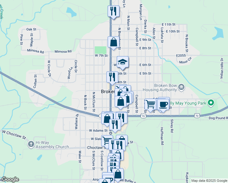 map of restaurants, bars, coffee shops, grocery stores, and more near in Broken Bow