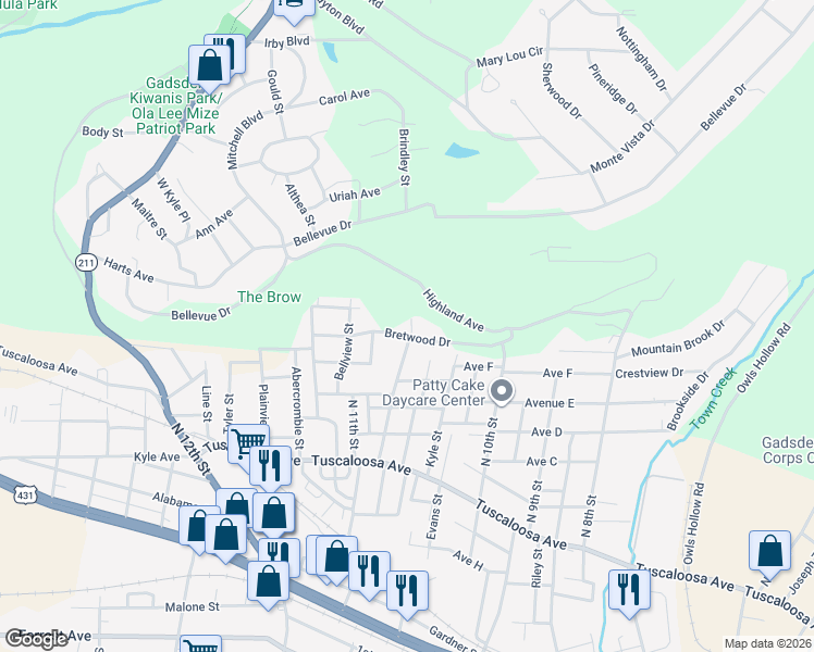 map of restaurants, bars, coffee shops, grocery stores, and more near 901 Spring Street in Gadsden