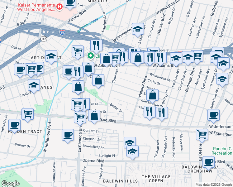 map of restaurants, bars, coffee shops, grocery stores, and more near 5630 Blackwelder Street in Los Angeles