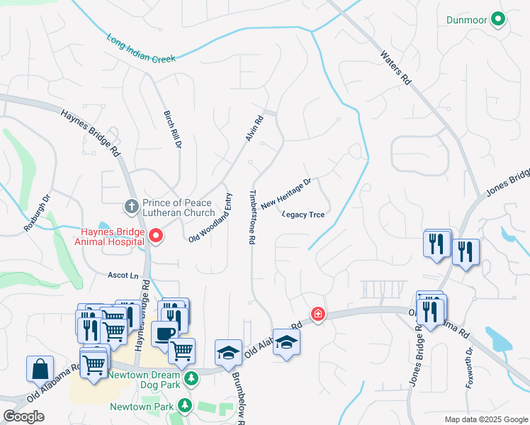 map of restaurants, bars, coffee shops, grocery stores, and more near 3335 New Heritage Drive in Alpharetta