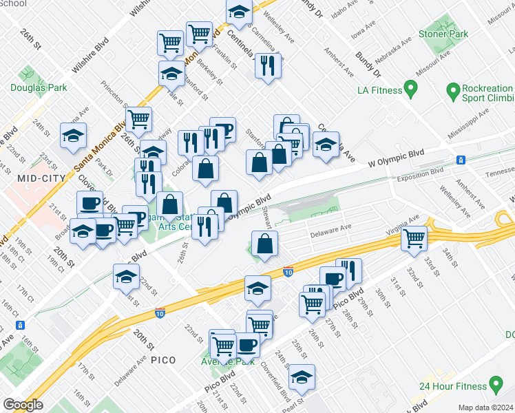 map of restaurants, bars, coffee shops, grocery stores, and more near 2800 Olympic Boulevard in Santa Monica
