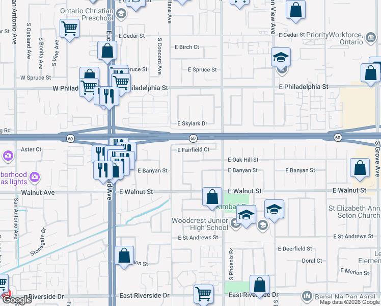 map of restaurants, bars, coffee shops, grocery stores, and more near 554 East Fairfield Court in Ontario