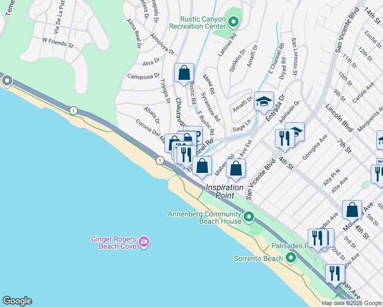 map of restaurants, bars, coffee shops, grocery stores, and more near 161 West Channel Road in Santa Monica