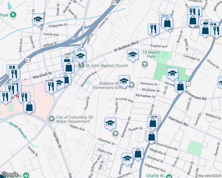 map of restaurants, bars, coffee shops, grocery stores, and more near 3003 Jaydeen Court in Columbia