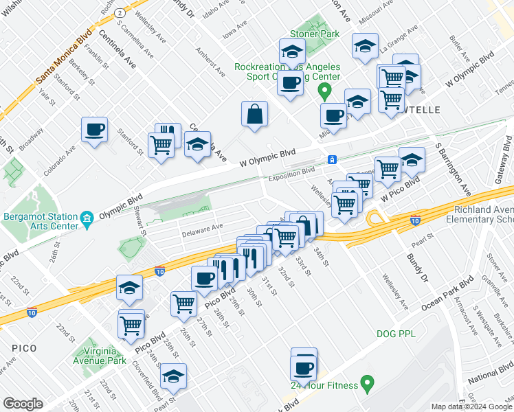 map of restaurants, bars, coffee shops, grocery stores, and more near 1808 34th Street in Santa Monica