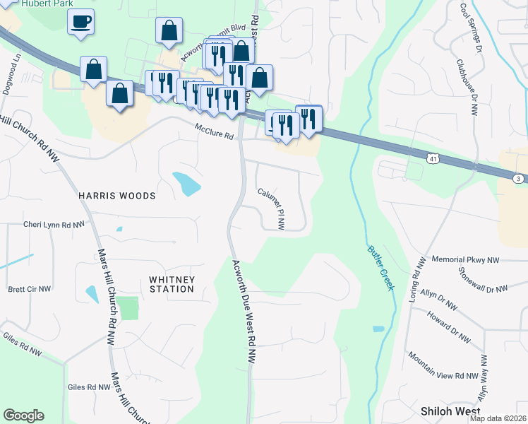 map of restaurants, bars, coffee shops, grocery stores, and more near 3105 Calumet Circle Northwest in Kennesaw
