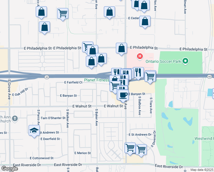 map of restaurants, bars, coffee shops, grocery stores, and more near 1744 East Fairfield Court in Ontario