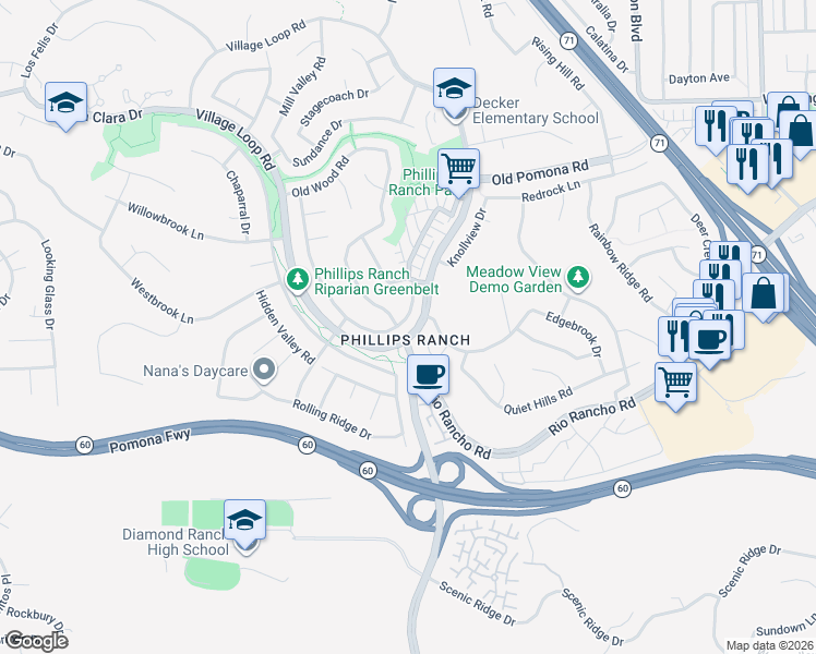 map of restaurants, bars, coffee shops, grocery stores, and more near in Pomona