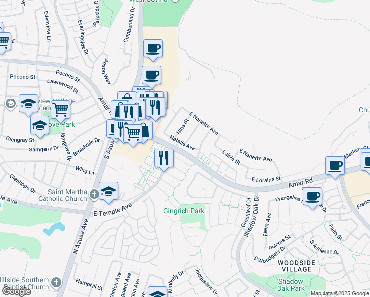 map of restaurants, bars, coffee shops, grocery stores, and more near 1716 Natalie Avenue in West Covina